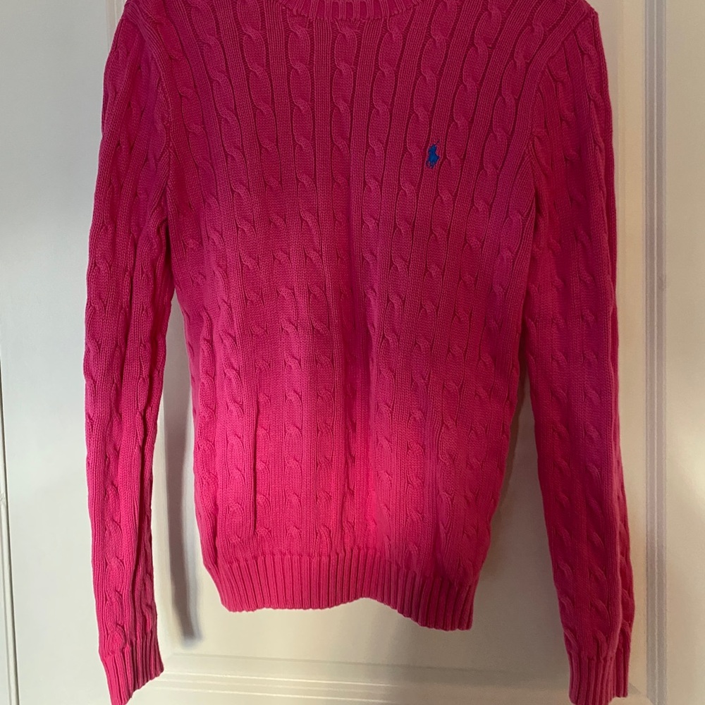 Pink Cableknit Sweater with Royal Blue Horse
